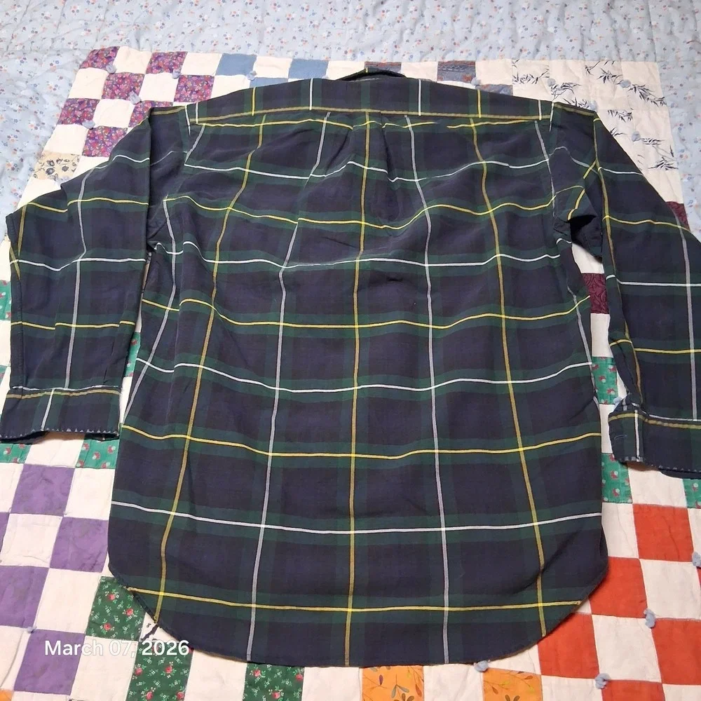 VTG‎ Polo by Ralph Lauren Big Shirt Blue and Green Plaid Size Medium Distressed